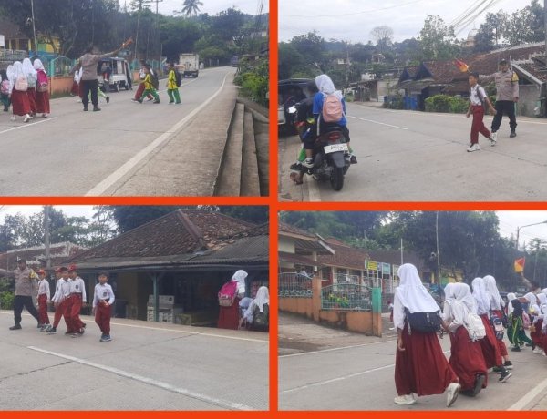 Gatur Pagi Polsek Nyalindung Amankan Arus Lalin di Depan SDN Caringin